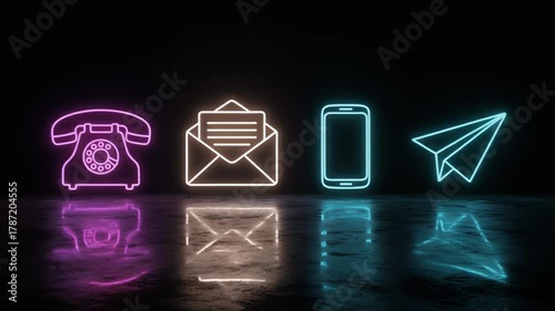 Dynamic Neon Contact Icons: Glowing Phone, Email, Smartphone, and Paper Plane on Reflective Dark Surface