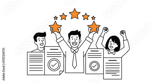 Success achievement team celebrating performance review with stars
