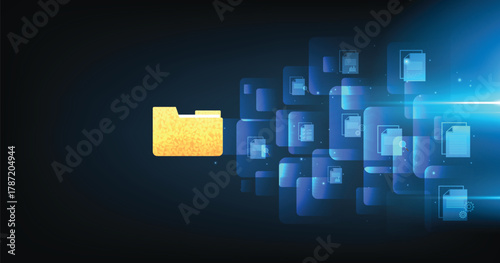 Document management and digital document paperless operational concept. Document management and Data transfer through cloud technology with modern internet technology on a dark blue background.