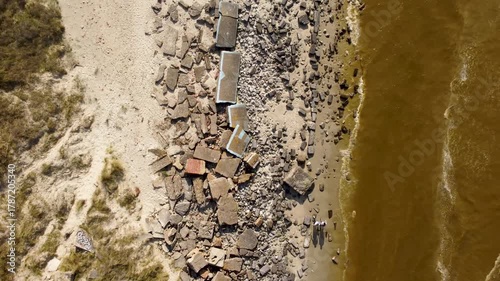 Amazing drone footage in zenithal view of the beaches of Dunkirk, France. Revealing the forgotten WWII bunkers completely destroyed and the brown sea.
