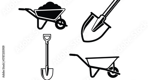 Gardening tools vector illustration wheelbarrow and shovel design
