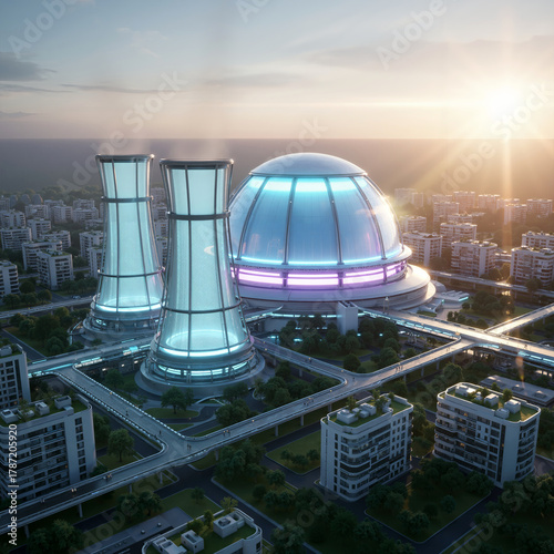 Futuristic clean energy power plant with glowing cooling towers and reactor dome in a modern, sustainable smart city at sunrise. Science and innovation concept.