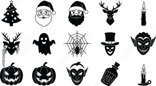 holiday icon, spooky symbol, festive vector, Christmas illustration, Halloween graphic, seasonal design, black white icon, cad drawing, flat style, cad drawing flat vector illustration