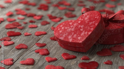 red heartshaped gift box with ribbon and scattered hearts on wood  