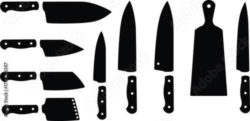 Kitchen knives, chef tools, cutting board, culinary equipment, black silhouette, cooking utensils, food prep, vector set, cad drawing, flat illustration