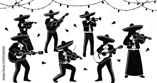 Mariachi, band, music, Mexican, culture, celebration, sombrero, charro, guitar, trumpet, violin, festive, traditional, vector, icon, black, white, performance, cad drawing flat vector illustration