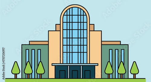 Illustration of modern building architecture with trees and sky