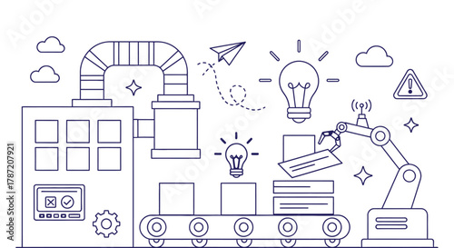 Automated factory production line with robotic arm and light bulbs