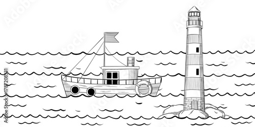 Fishing Boat and Lighthouse Outline Scene