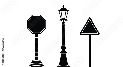 Vector black and white street signs lamp post traffic sign graphics