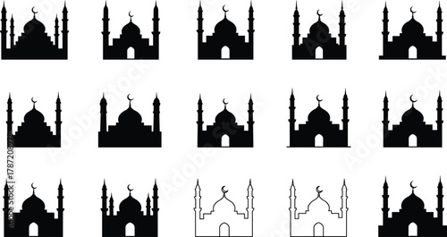 Mosque icon vector set, Islamic architecture silhouette, crescent dome design, religious building symbols, outline and filled glyphs, cultural illustration