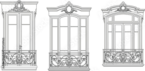 Ornate balcony window, architectural facade, wrought iron railing, decorative molding, pediment design, line drawing, classical style, vector illustration