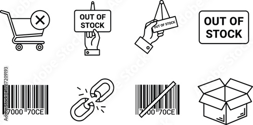 out of stock icons, inventory status vector, supply chain symbols, barcode alert graphics, flat design signs, e-commerce availability illustration
