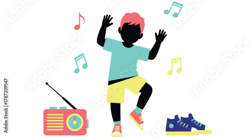 Illustration of boy dancing to music from radio with shoes nearby