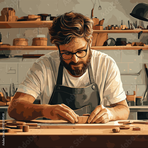 A craftsman with glasses and apron, diligently carving leather. Tools surround, showcasing the process   , vector style simple color