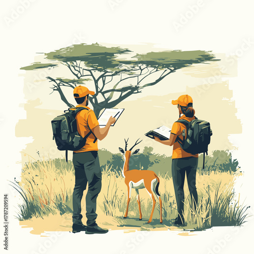 An illustration shows a team of researchers documenting wildlife in a savanna habitat with a gazelle   , vector style simple color