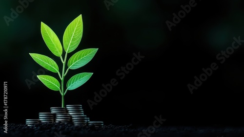 Young green sprout growing from stacks of silver coins on dark soil with black background