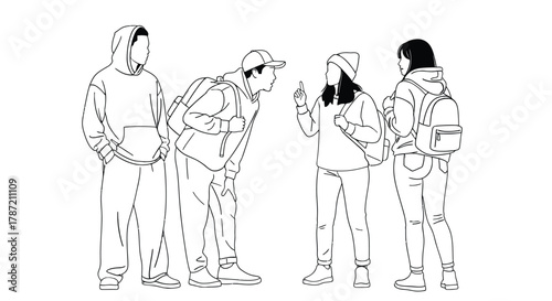 Diverse students planning campus event with vibrant colors and backpacks