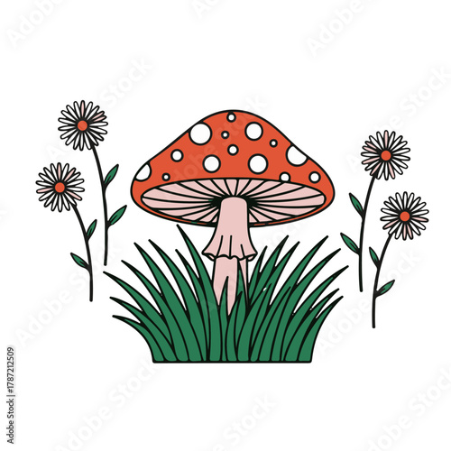 mushroom, nature, grass, cartoon, illustration, vector