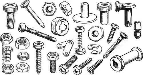 Mechanical fasteners, bolts, nuts, washers, screws, anchors, hardware tools, black and white, technical drawing, engineering parts, construction elements, vector illustration