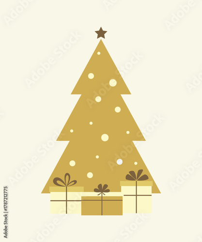 Abstract golden Christmas tree with gifts on a light background, vector illustration. Graphic decorative element for design, postcards, labels, holidays