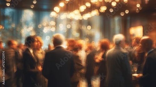 Blurred elegance: a professional crowd networking and socializing during an event reception with sparkling lights above their heads. High quality
