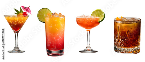 Colorful tropical cocktails isolated on white background, refreshing summer drinks cut out, transparent PNG