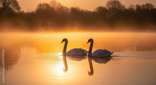 Fototapeta Naklejka Na Ścianę i Meble -  Two elegant swans glide gracefully on a tranquil lake at sunrise with golden light and morning mist