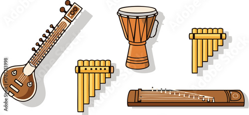 A vibrant vector illustration showcasing a set of traditional ethnic musical instruments from different cultures, including the sitar, djembe, and pan flute for world music concepts