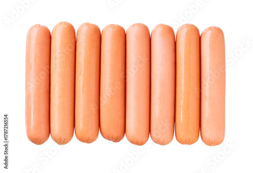 whole boiled sausages isolated on white background, top view.