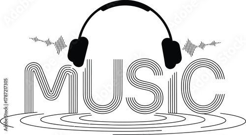 Black and White Graphic of Headphones and the Word "MUSIC" with Sound Waves