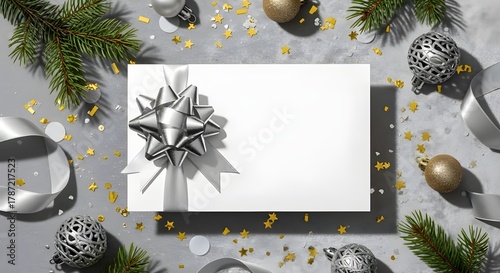 A blank card with a silver bow is surrounded by christmas decorations and confetti on a gray surface, providing a festive holiday background