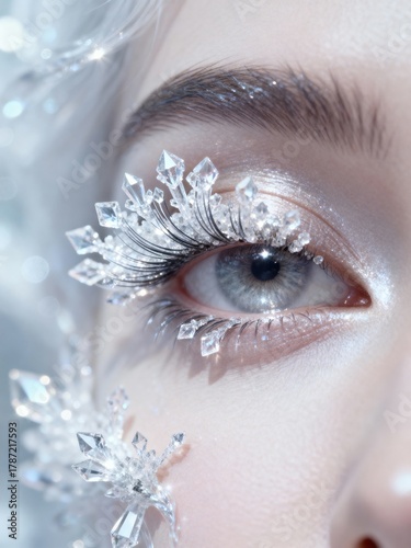 Enchanting Close-up of an Eye Adorned with Icy Crystal Lash Clusters and Glittery Eyeshadow for a Winter Fantasy Theme
