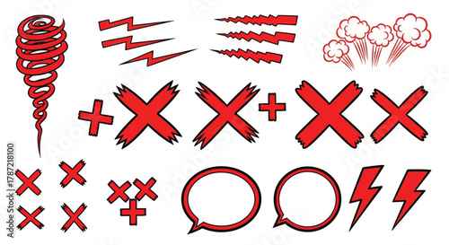 Red comic effects vector illustration set for graphic design use