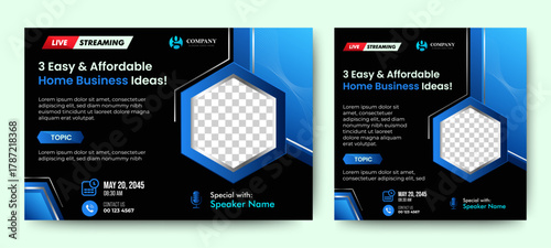 Set of Business webinar horizontal and square banner design. Modern banner design with dark and blue background color and place for the photo. Usable for banner, cover, and header. vector