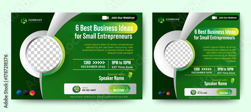 Business webinar invitation design. Webinar and business conference social media post template. Online webinar social media post template. Business conference banner template. Online live webinar.