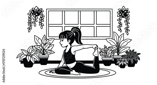 Illustration of woman doing yoga pose surrounded by plants indoor