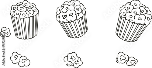 Popcorn container icons, snack quantity comparison, food silhouette vector, cinema snack design, minimal black illustration, counting concept, flat style