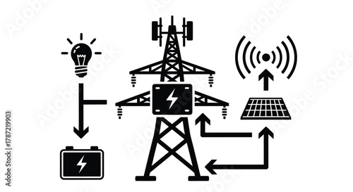Renewable energy system diagram with solar panels and light bulb