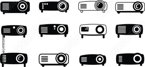 projector icon, multimedia device, technology symbol, black white projector, flat design, vector illustration, cad drawing, top view, minimal style, cad drawing flat vector illustration