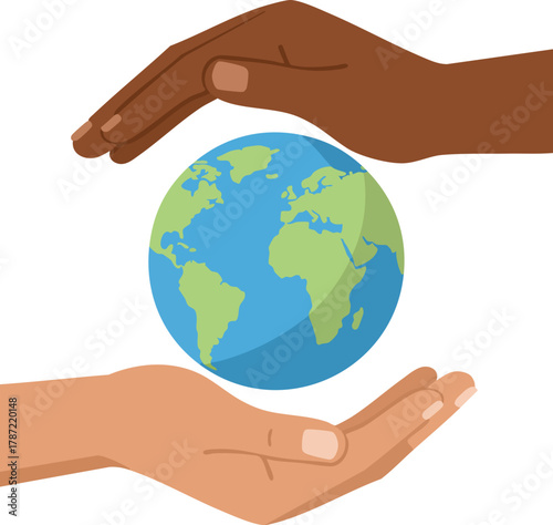 A 2D flat illustration of two hands, one dark-skinned and one light-skinned, cradling a globe in a symbol of unity and global connection against a clean white background.