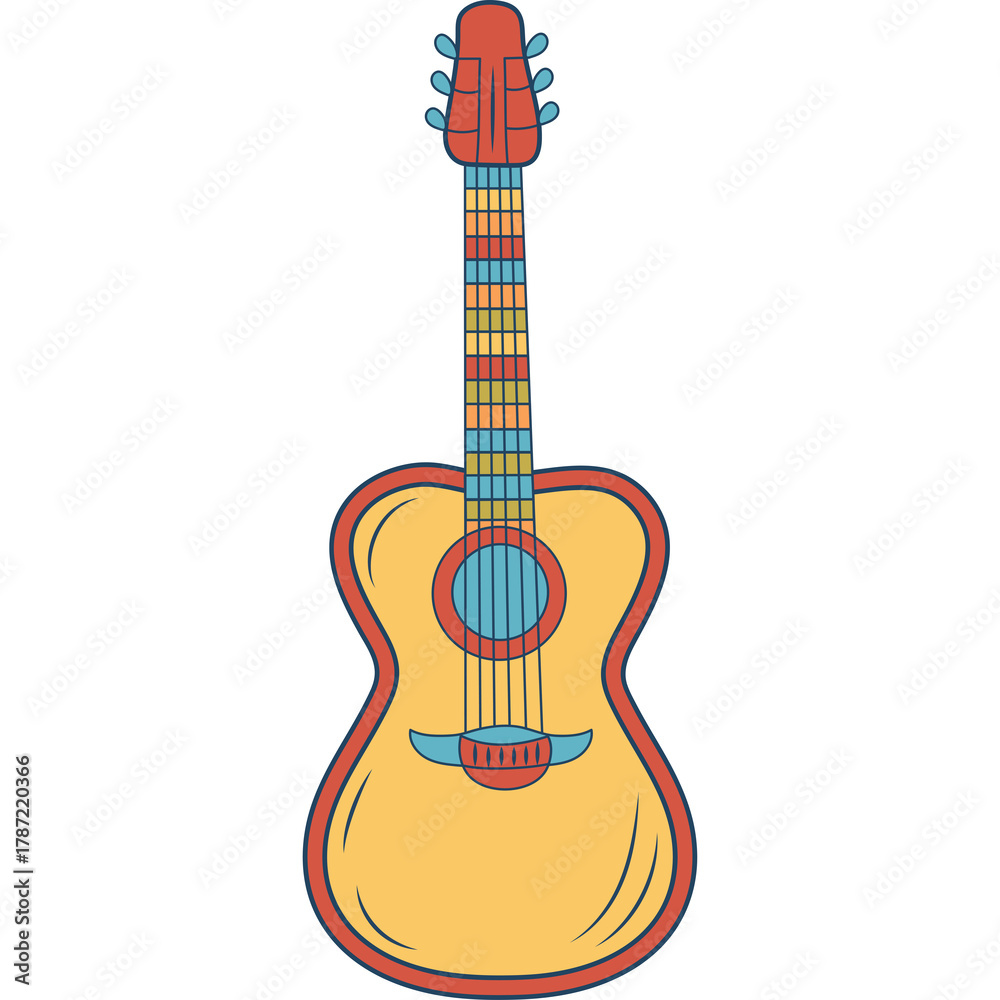 Obraz premium Acoustic Guitar Illustration With Colorful Neck And Orange Trim On White Background Detailed Drawing Of A Musical Instrument