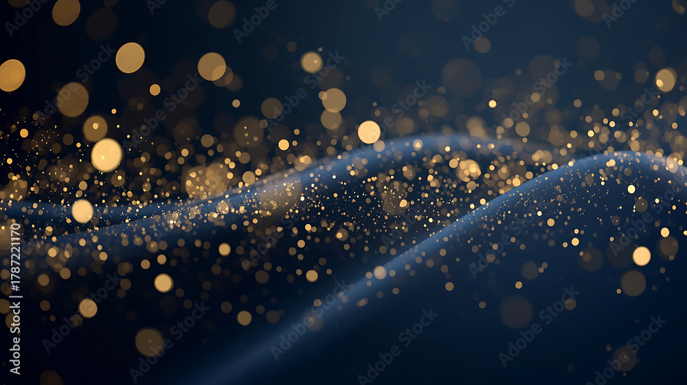 Obraz premium Luxurious abstract background combining dark navy blue and shimmering gold particles with glowing golden bokeh lights. The elegant gold foil texture creates a festive and sophisticated atmosphere, 