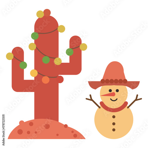Cactus and Desert Snowman, A Southwestern Holiday Element Christmas Vector Icon