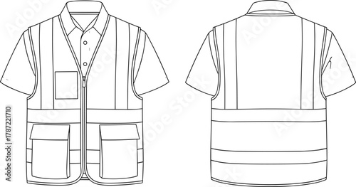 safety vest vector, reflective workwear illustration, construction uniform icons, flat garment design, protective clothing art, cad drawing flat vector illustration