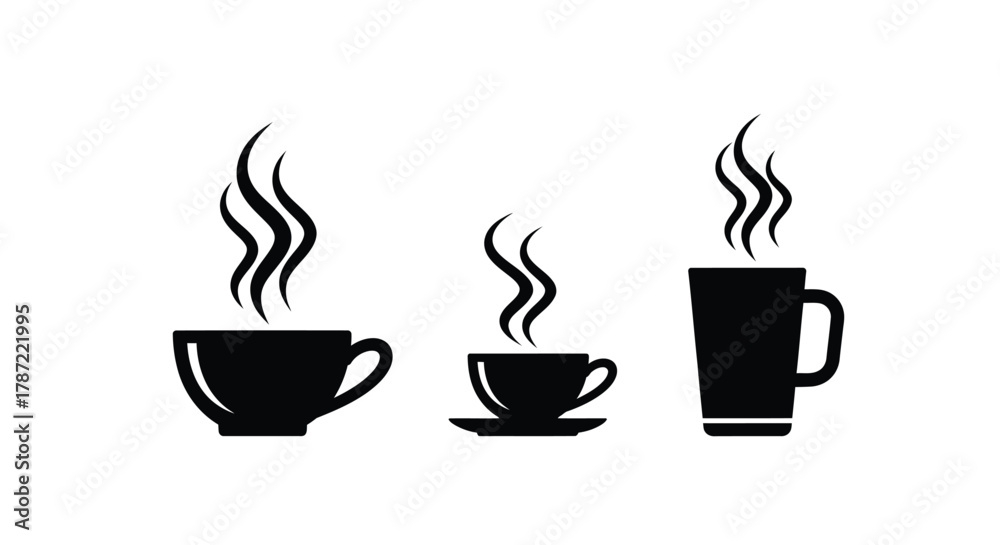 Obraz premium Coffee cups hot drinks beverage caffeine morning tea vector icon set