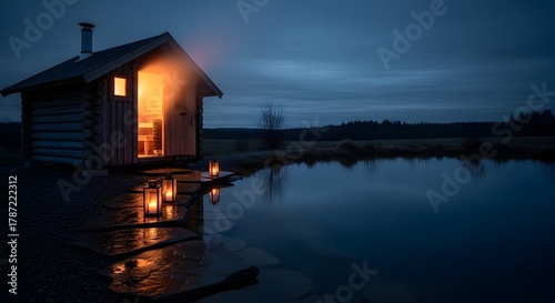 Cozy cabin glows warmly beside still lake under twilight sky — Digital detox wilderness retreat for solitary comfort and forest serenity Stock royalty free