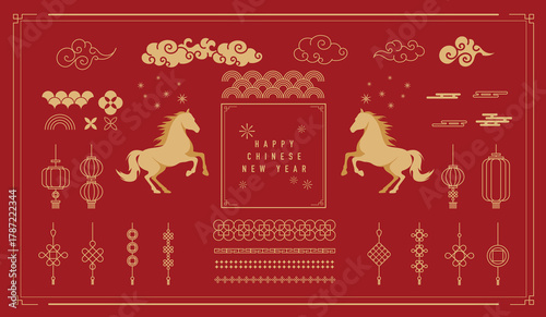 Chinese New Year background with golden horse, red festive design, traditional lanterns, clouds, and oriental patterns, symbolizing luck, prosperity, and celebration. vector design