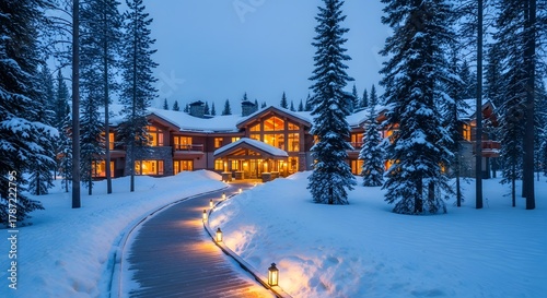 Snowy lodge glows warmly along forest path under winter stars — Digital detox wilderness retreat for cozy warmth and seasonal magic Stock royalty free