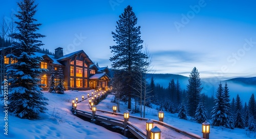 Snowy lodge glows warmly against blue twilight forest — Digital detox wilderness retreat for winter coziness and forest magic Stock royalty free